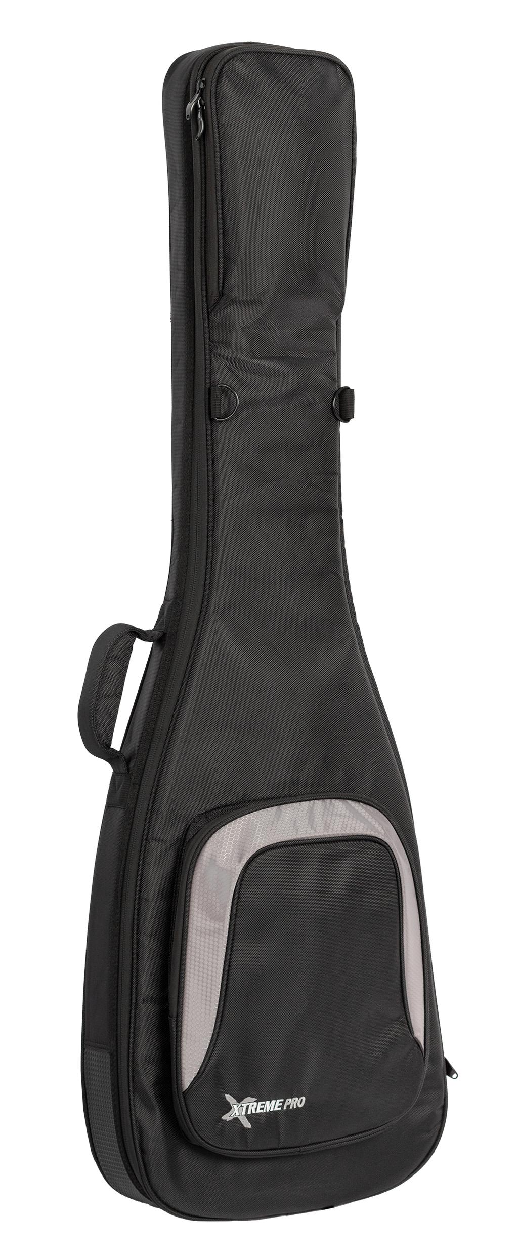 Xtreme Xtreme Pro Premium Deluxe Bass Guitar Gig Bag showing padded exterior, sturdy handles, and zipper closures for protection.
