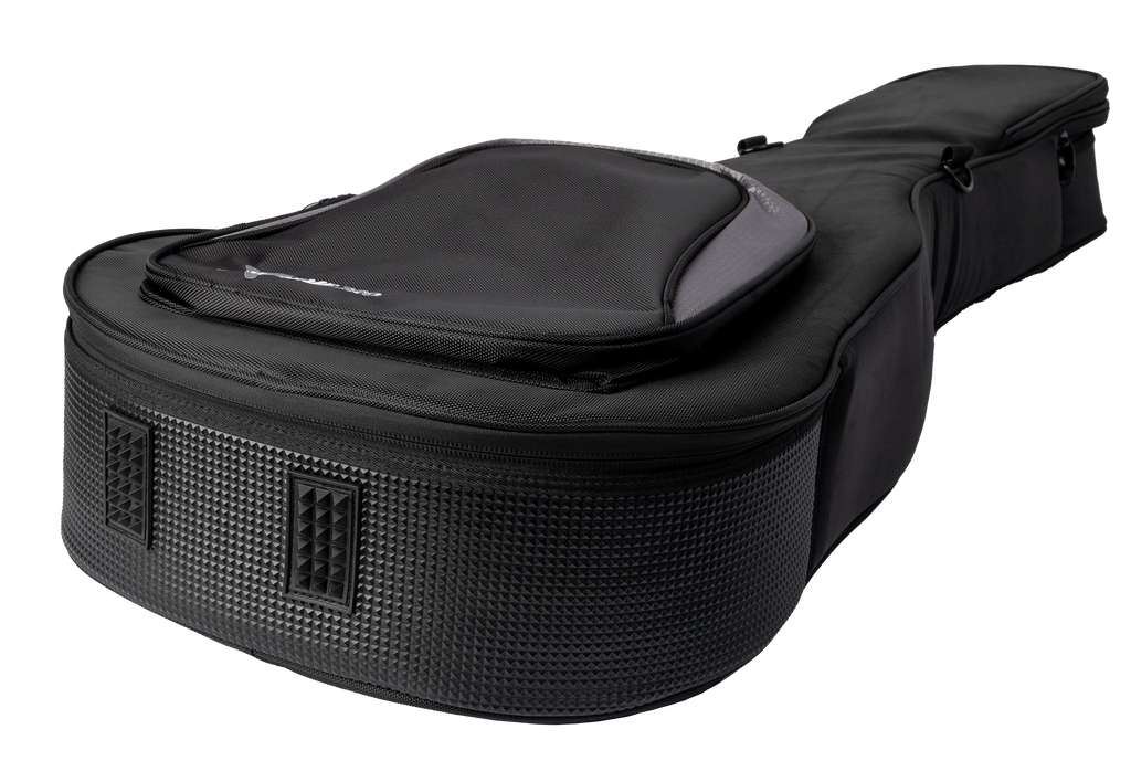 Xtreme Xtreme Pro Deluxe 4/4 Classic Folk Guitar Bag showing padded exterior and sturdy zippers for guitar protection.