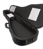 Open view of Xtreme Pro Premium Deluxe 4/4 Classic/Folk Guitar Bag showing padded interior and sturdy exterior for guitar protection.
