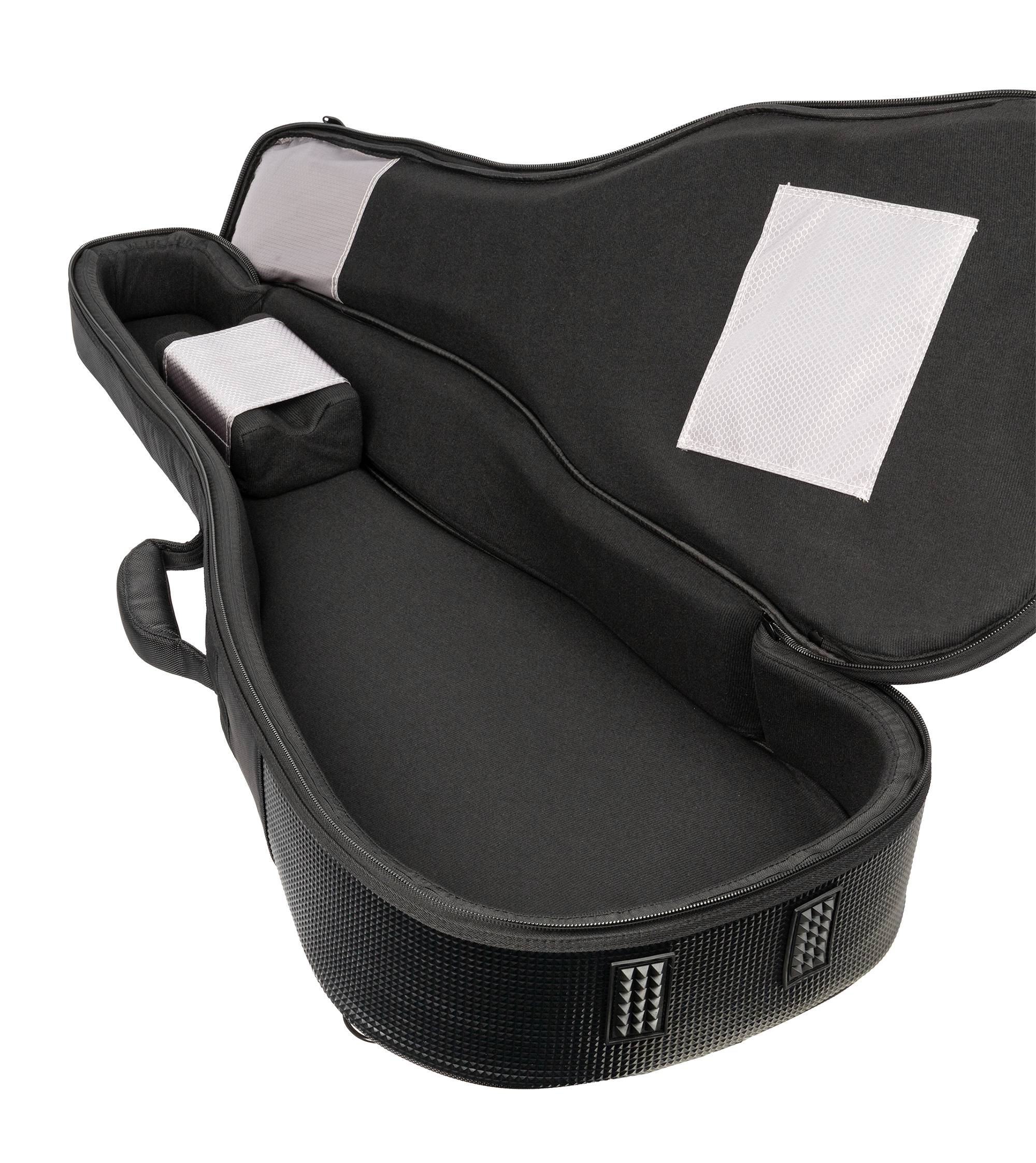Open view of Xtreme Pro Premium Deluxe 4/4 Classic/Folk Guitar Bag showing padded interior and sturdy exterior for guitar protection.