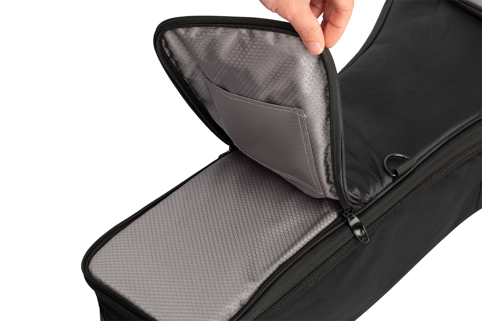 Xtreme Xtreme Pro Premium Deluxe 4/4 Classic Folk Guitar Bag showing top pocket and durable fabric for guitar accessories.