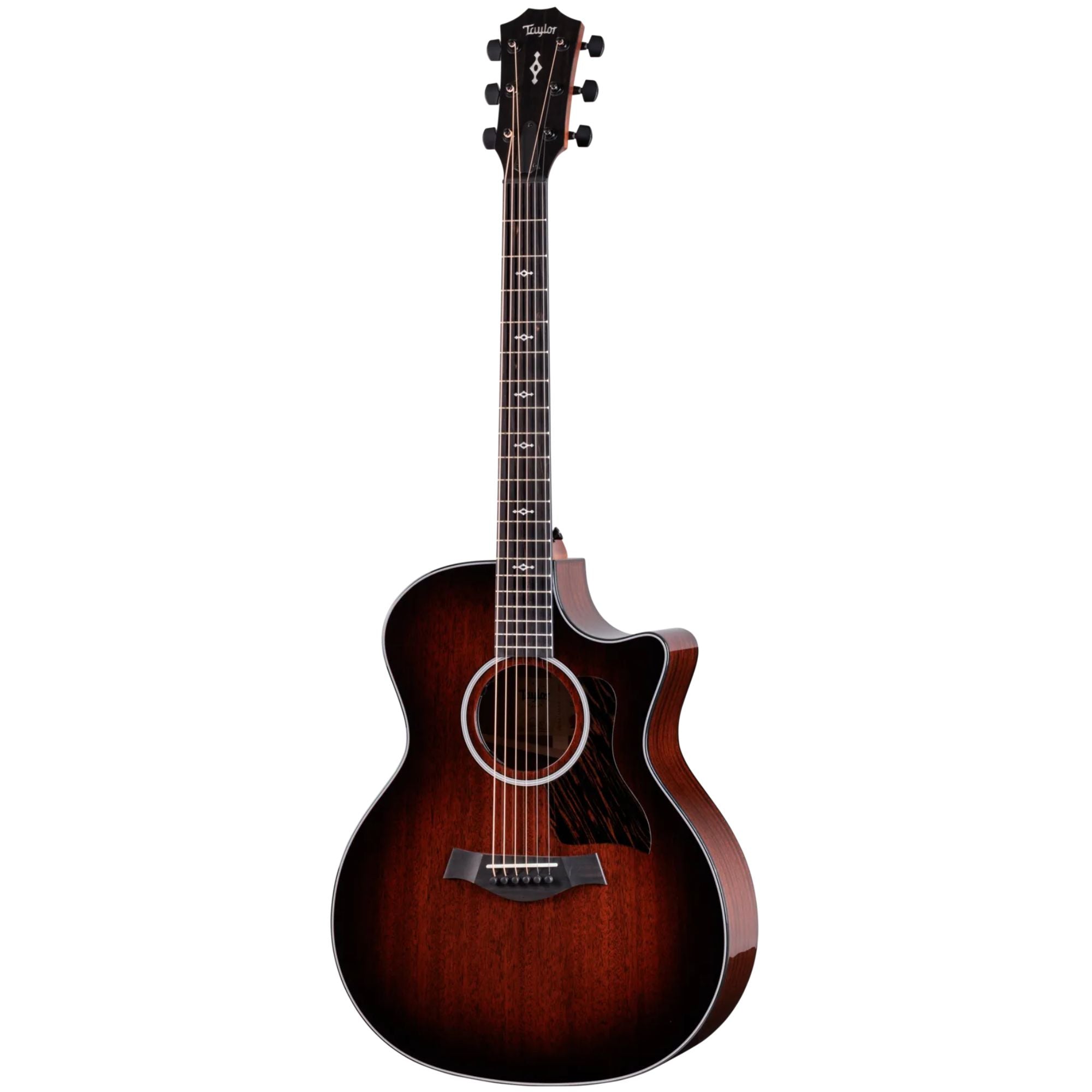 Taylor 324ce Next-Gen acoustic guitar with tropical mahogany top and shaded edgeburst finish, showcasing its elegant wood grain and design