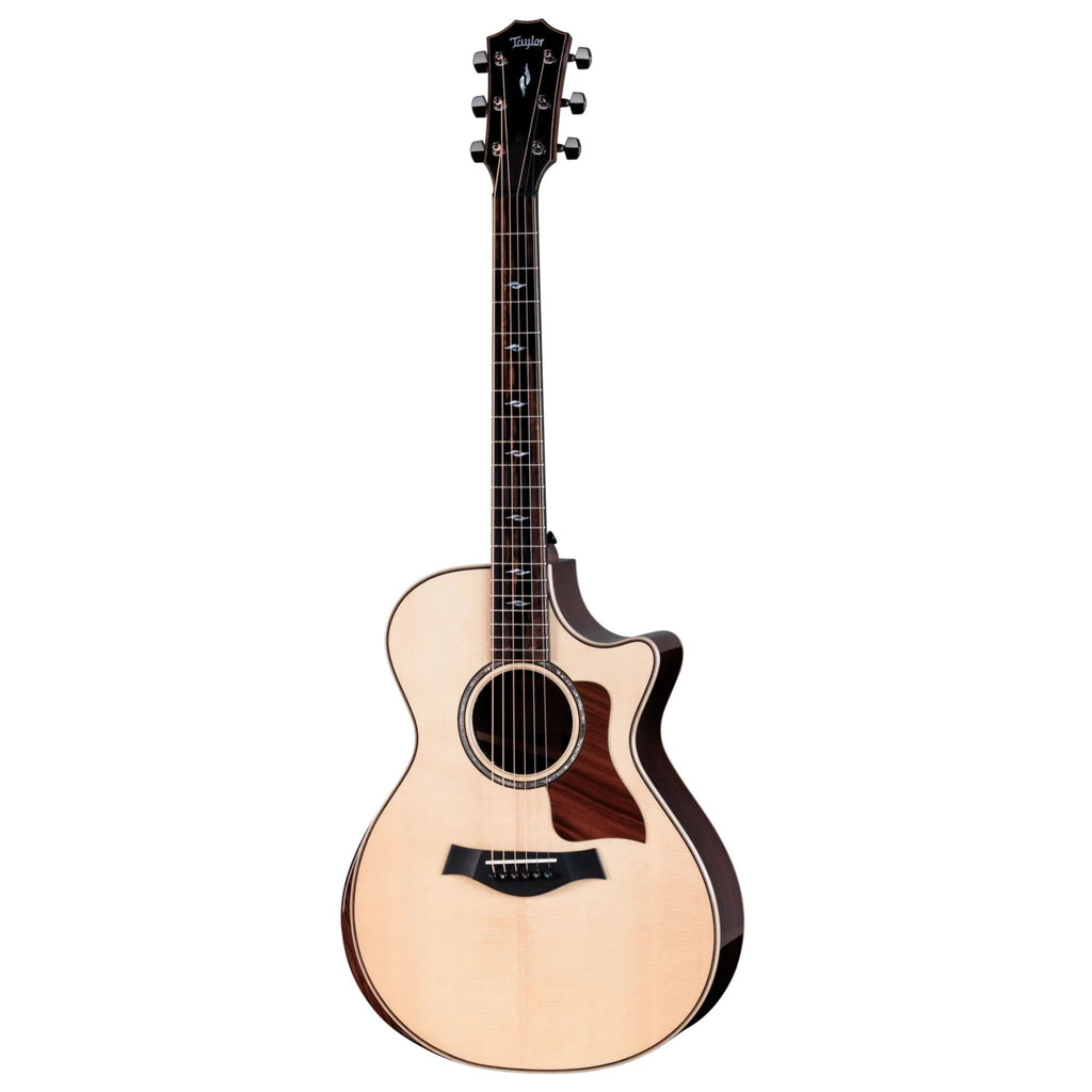 Taylor 812ce Next-Gen acoustic guitar with natural finish, featuring a cutaway body and tonewoods, on a stand.