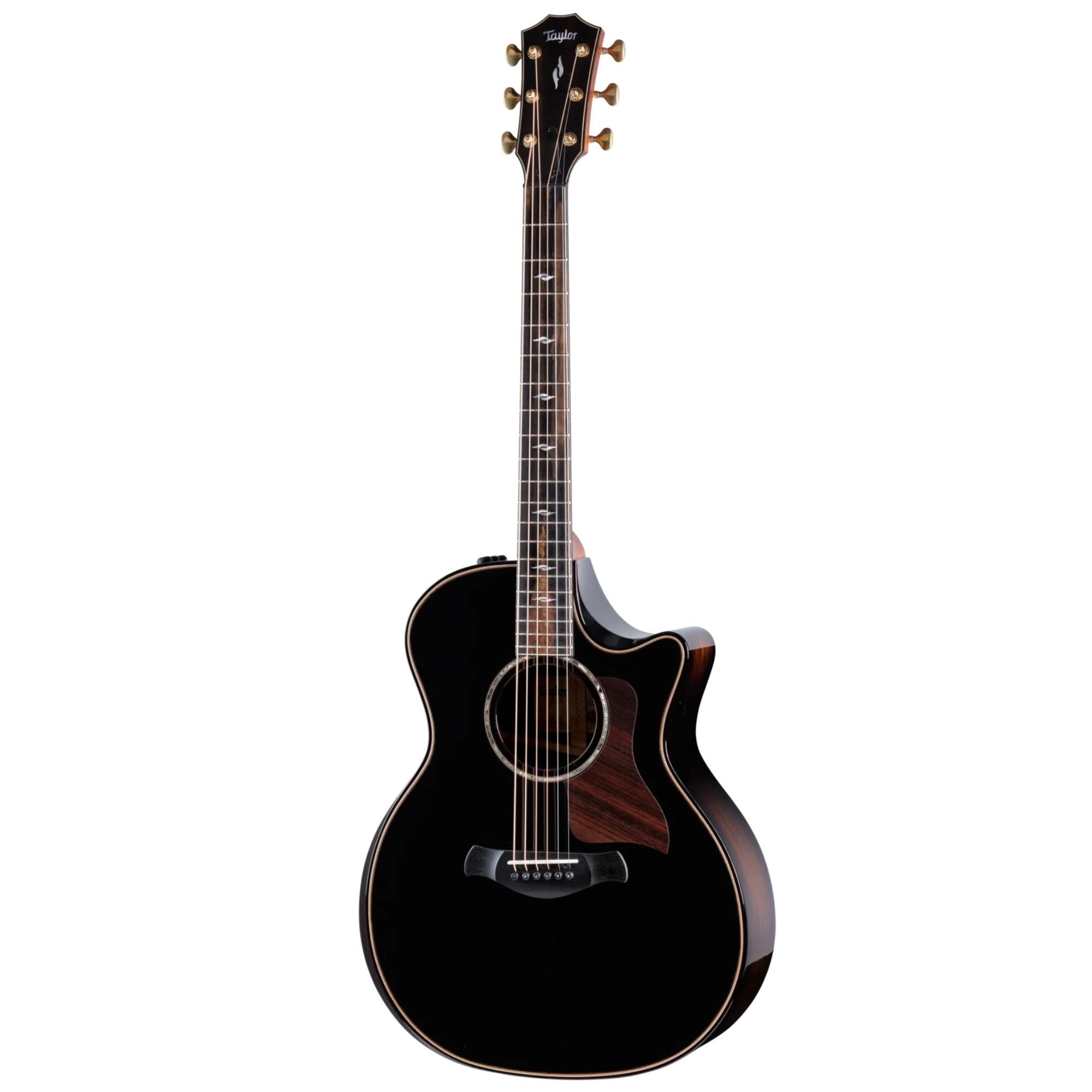 Taylor Builder's Edition 814ce Next-Gen acoustic guitar with Indian Rosewood and Adirondack spruce top, black finish, close-up view