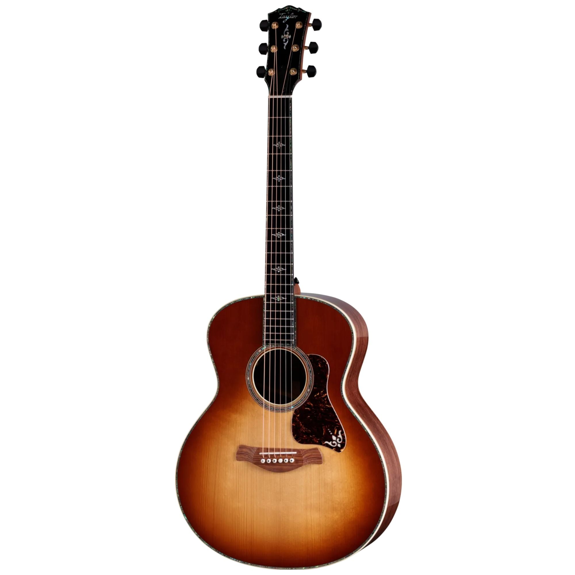 Taylor Gold Label 914e acoustic guitar with sunburst finish, Honduran rosewood top, back, and sides, highlighting its craftsmanship.