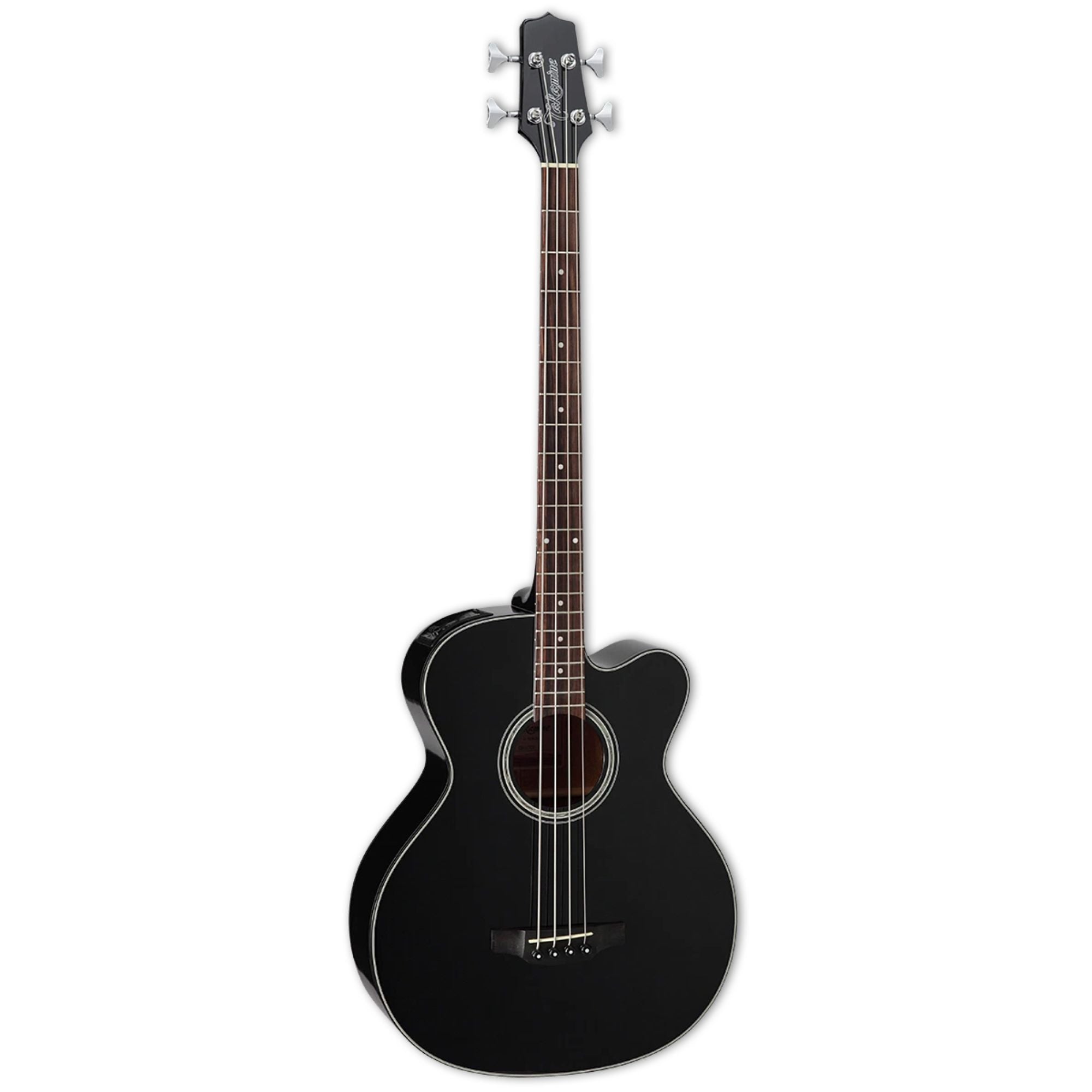 Takamine B30 acoustic bass guitar in black with a sleek body and wooden neck, designed for rich, resonant sound.