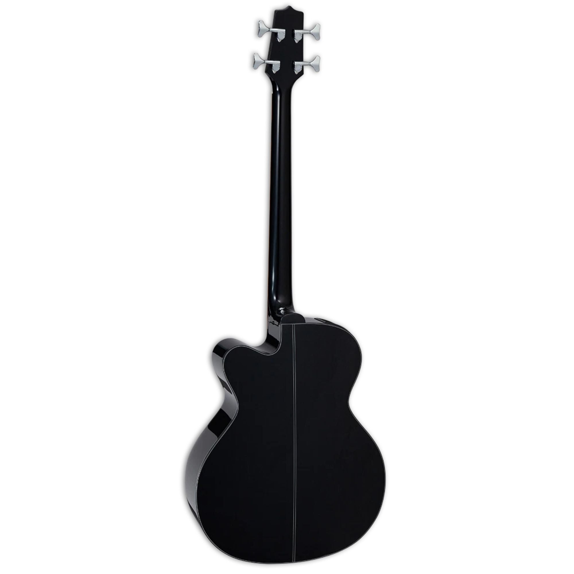 Takamine B30 Acoustic Bass guitar in black, featuring a sleek body and strings, designed for deep bass sound and comfortable play.