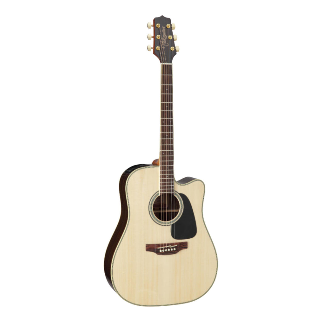 Takamine G50 Series cutaway dreadnought acoustic guitar with pickup, natural gloss finish, featuring a comfortable body and detailed wood grain.
