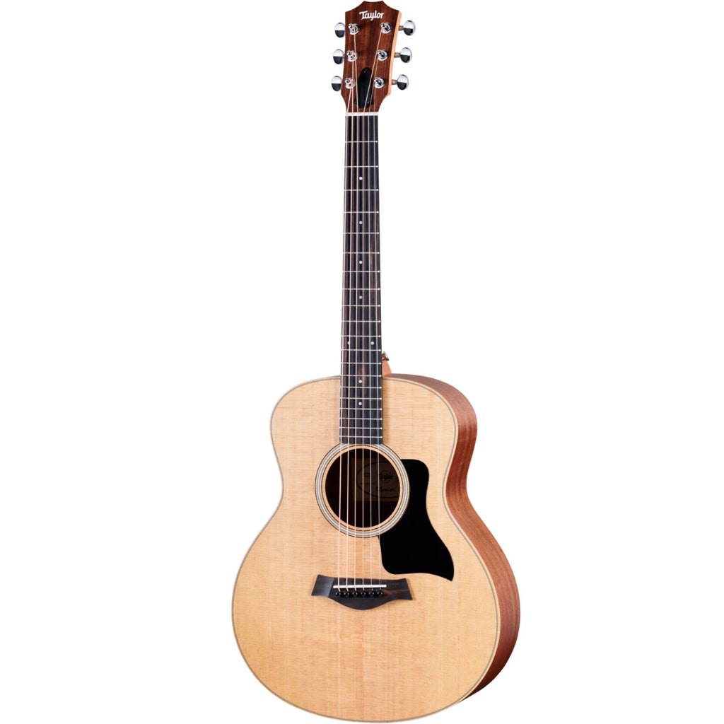 Taylor GS Mini Sapele acoustic guitar with a compact body and natural wood finish, shown in a close-up of the front.