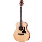 Taylor GS Mini Sapele acoustic guitar with a compact body and natural wood finish, shown in a close-up of the front.
