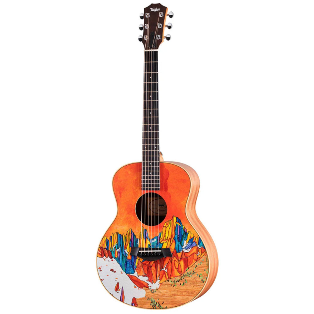 Taylor GS Mini x Stio Special Edition acoustic guitar with Tahoe artwork, showcasing the compact body and detailed design.