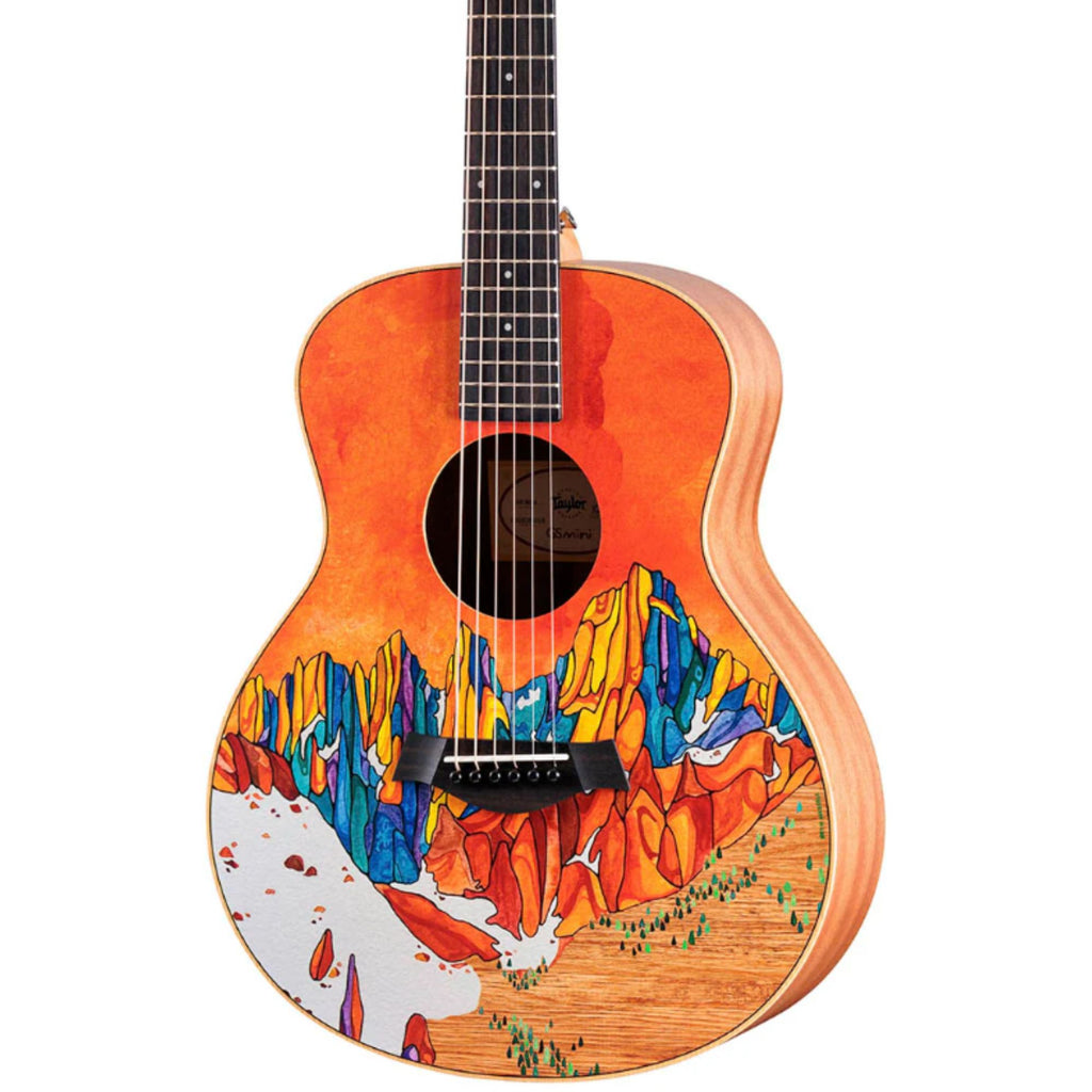 Taylor GS Mini x Stio Special Edition acoustic guitar with Tahoe artwork, showing the compact body and detailed design.