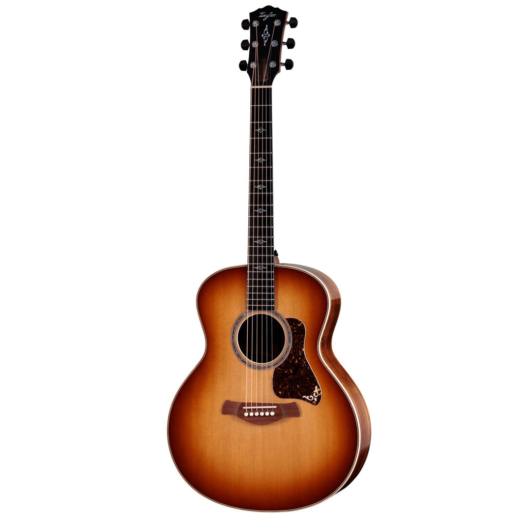 Taylor Gold Label K14e Koa acoustic guitar with sunburst finish, showcasing its Koa wood body and natural wood grain details.