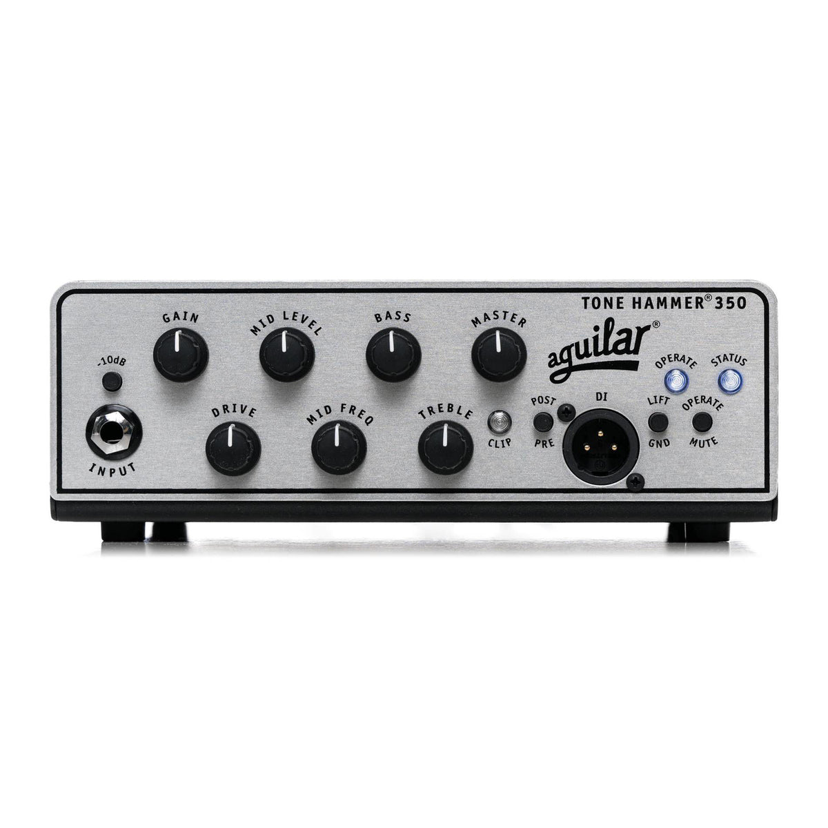Aguilar Tone Hammer 350 Super Light bass head amplifier with control knobs and input/output jacks in a close-up shot.