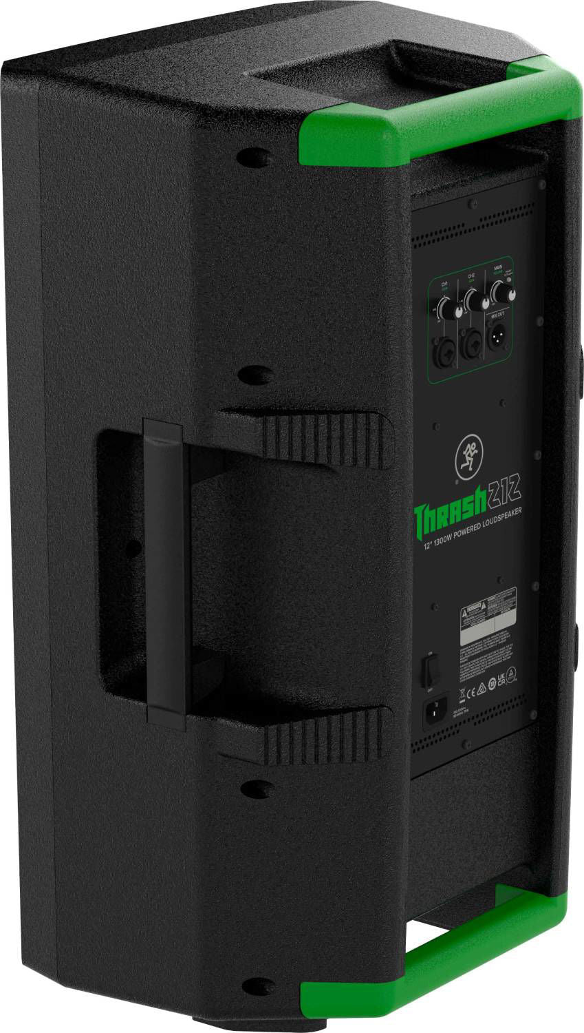 Mackie 12” 1300 Watt powered PA speaker with grille and control panel, ideal for live sound and DJ setups.