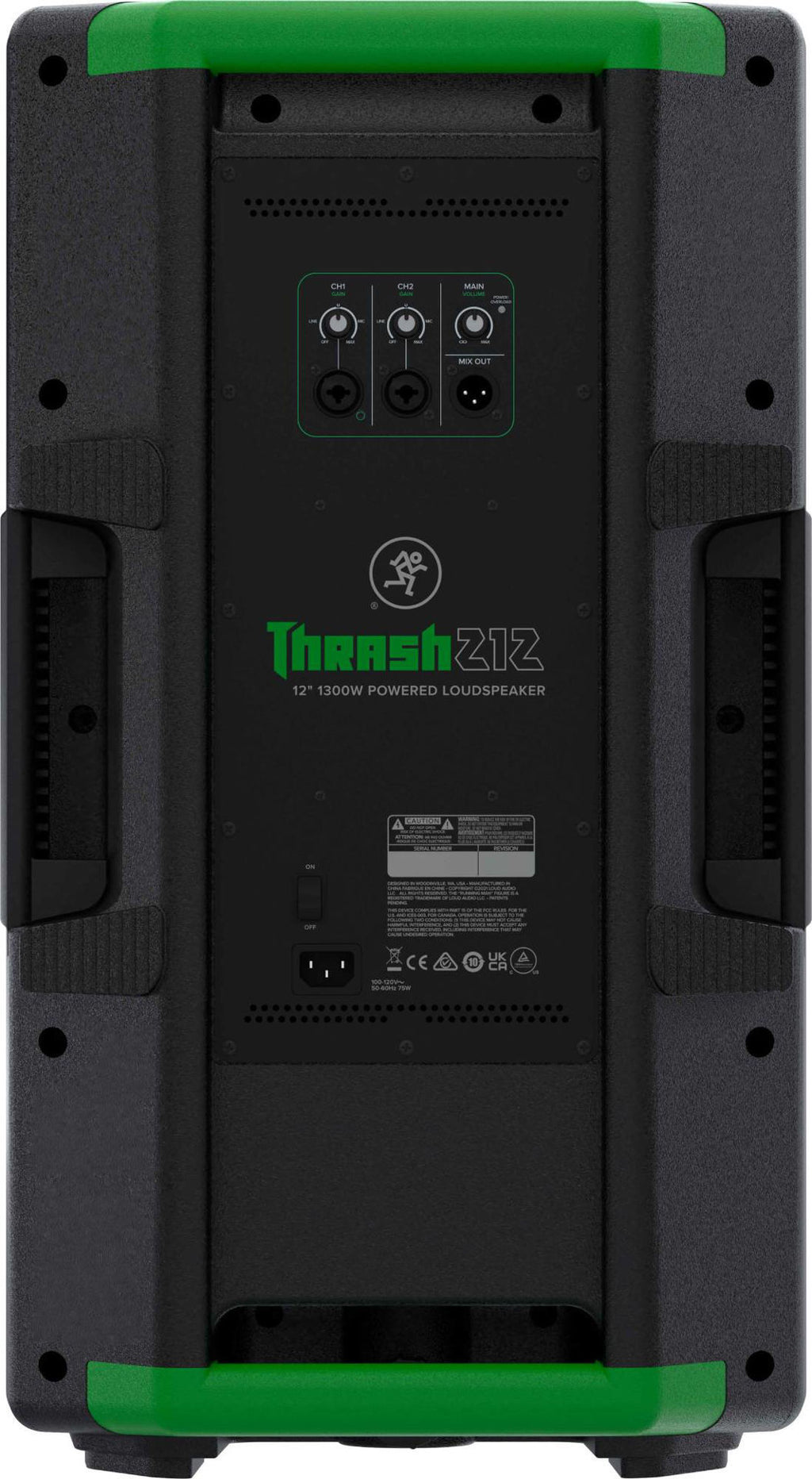 Mackie 12-inch 1300-watt powered PA speaker with built-in handles and controls for professional audio performance.