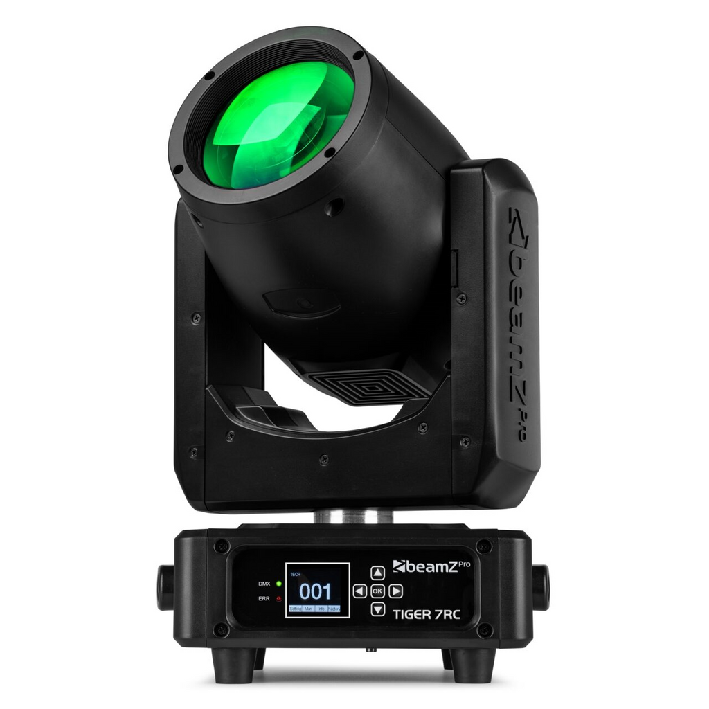 BeamZ Pro TIGERE7R 230W moving head stage light with adjustable beam and LED display, used for professional stage lighting setups.