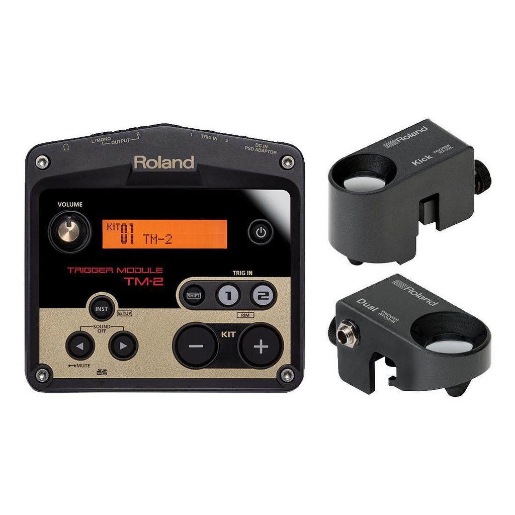 Roland TM-2 Kick and Snare Drum Bundle showing electronic drum parts and accessories for drum setup.