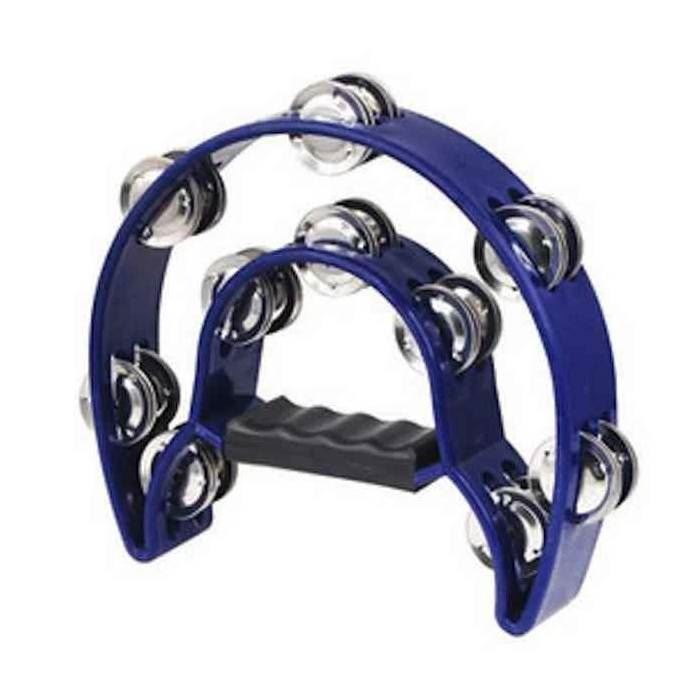 Blue Mano Percussion 9x5 inch half moon tambourine with 16 pairs of jingles, designed for hand percussion and musical accessories.