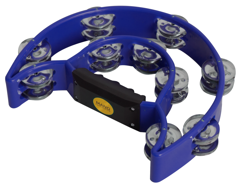 Mano Percussion 9x6 inch blue double half moon tambourine with 20 pairs of jingles in double row, hand percussion instrument