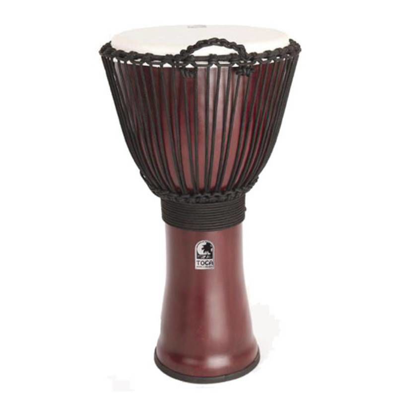 Red Toca Freestyle 2 Series 12-inch rope-tuned djembe with natural wood finish and detailed drum surface.