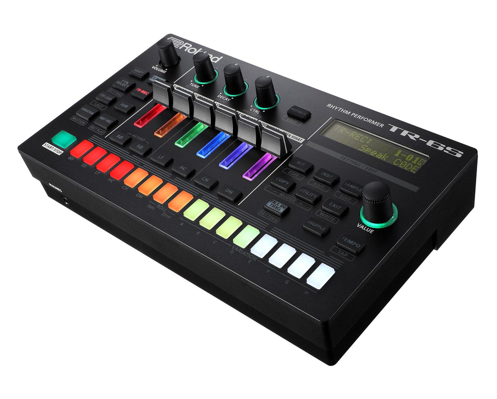 Roland TR-6S Rhythm Composer drum machine with colorful pads and control knobs, showcasing its compact design and interface.