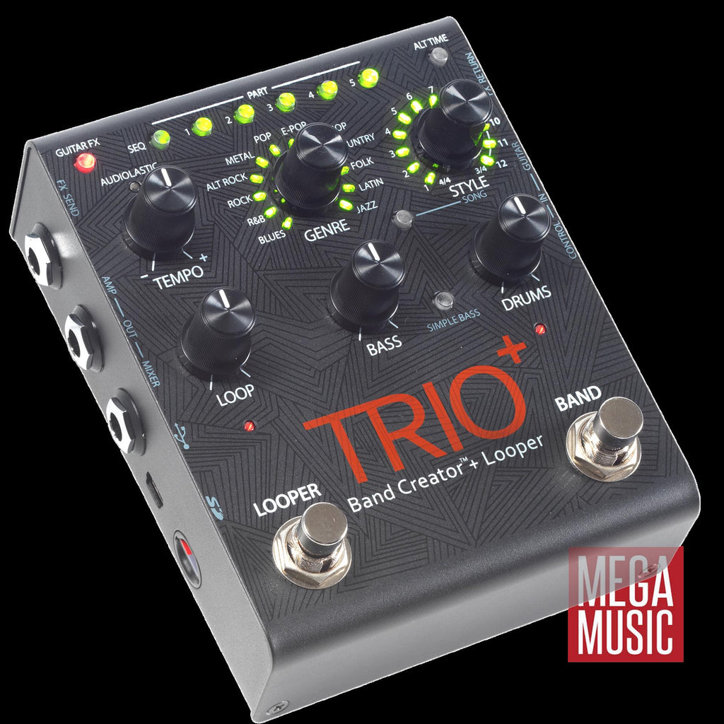 DigiTech Trio Plus band creator guitar effects pedal with three control knobs and input/output jacks, on a black background.