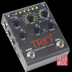 DigiTech Trio Plus band creator guitar effects pedal with three control knobs and input/output jacks, on a black background.