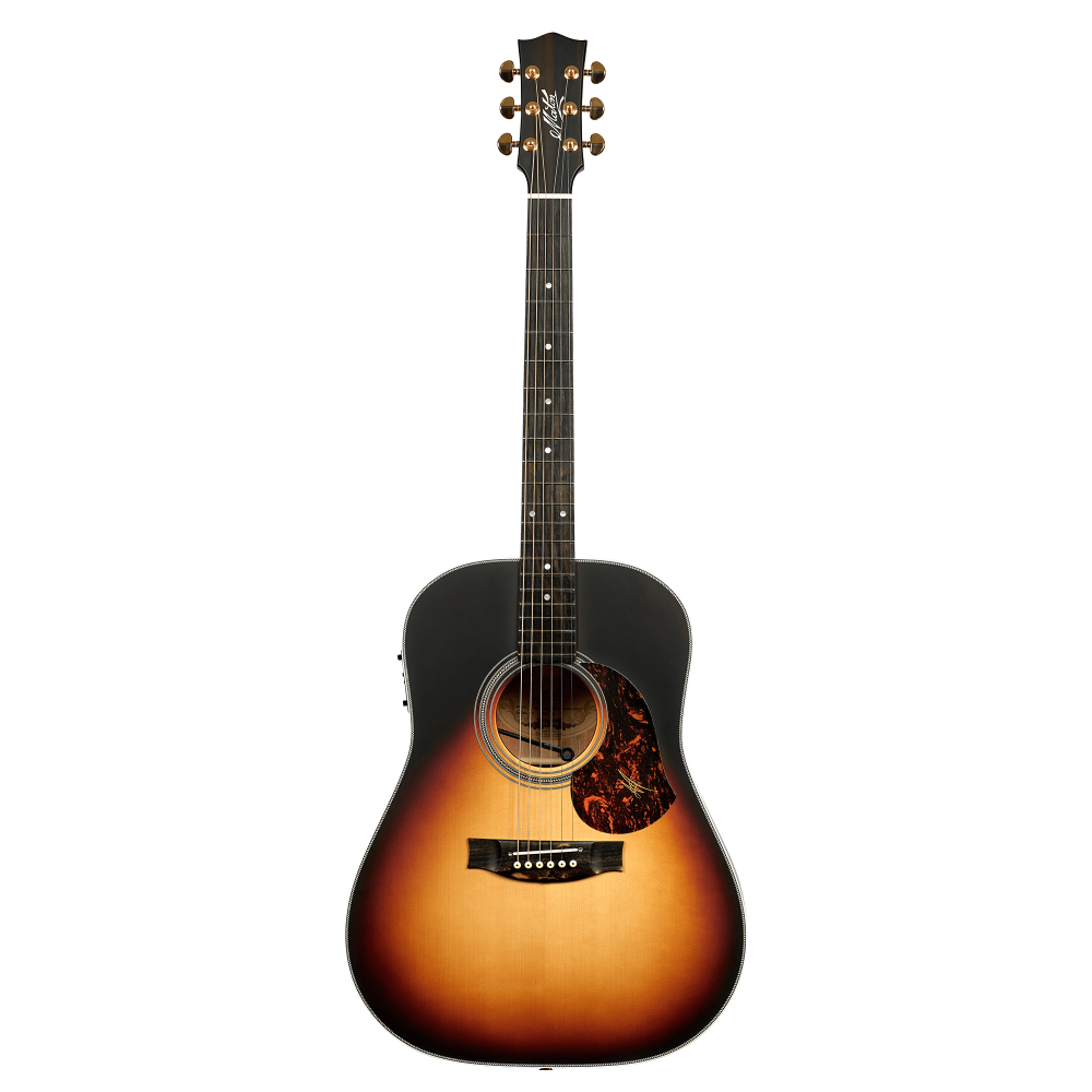 Maton Troubadour Dreadnaught acoustic guitar with a natural wood finish and six steel strings, showcasing its body and fretboard.