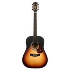 Maton Troubadour Dreadnaught acoustic guitar with a natural wood finish and six steel strings, showcasing its body and fretboard.