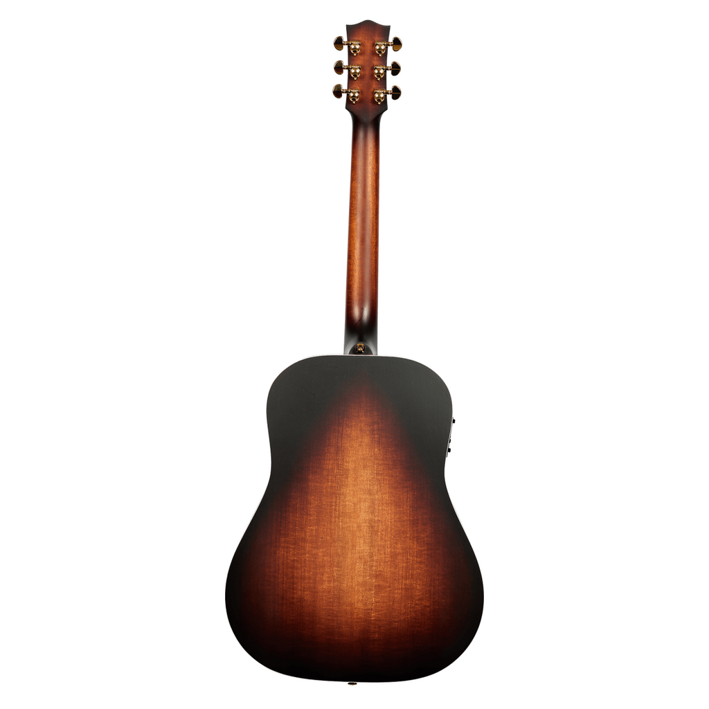 Maton Troubadour Dreadnaught acoustic guitar with a natural wood finish and six steel strings, showcasing its body and fretboard.
