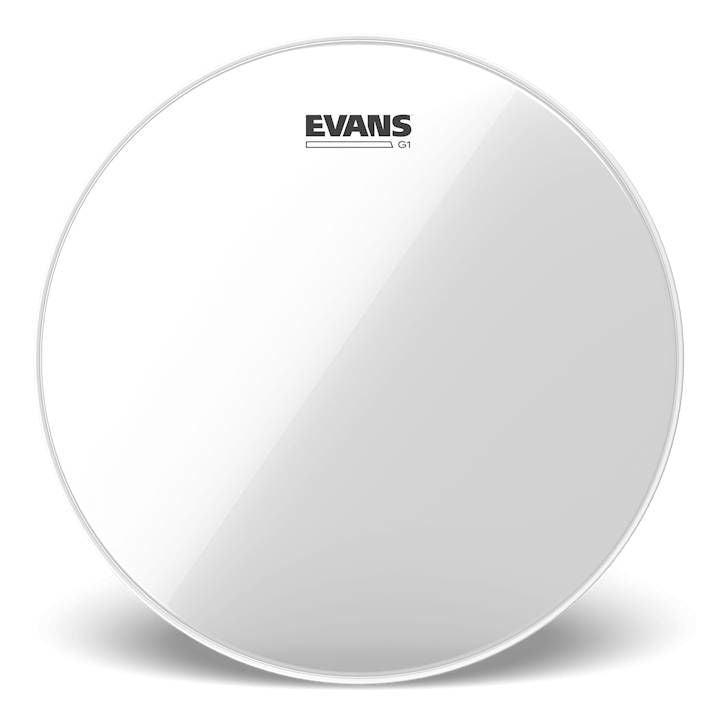 Evans 8-inch Genera G1 clear drum head mounted on a drum shell, showcasing the transparent design and branding.