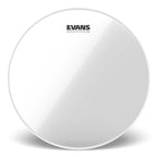Evans 8-inch Genera G2 clear drum head mounted on a drum, showcasing the transparent surface and branding details.