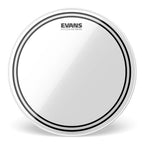 Evans EC Resonant 10-inch drum head for snare and tom drums, showing black drum head with Evans logo printed on the surface.