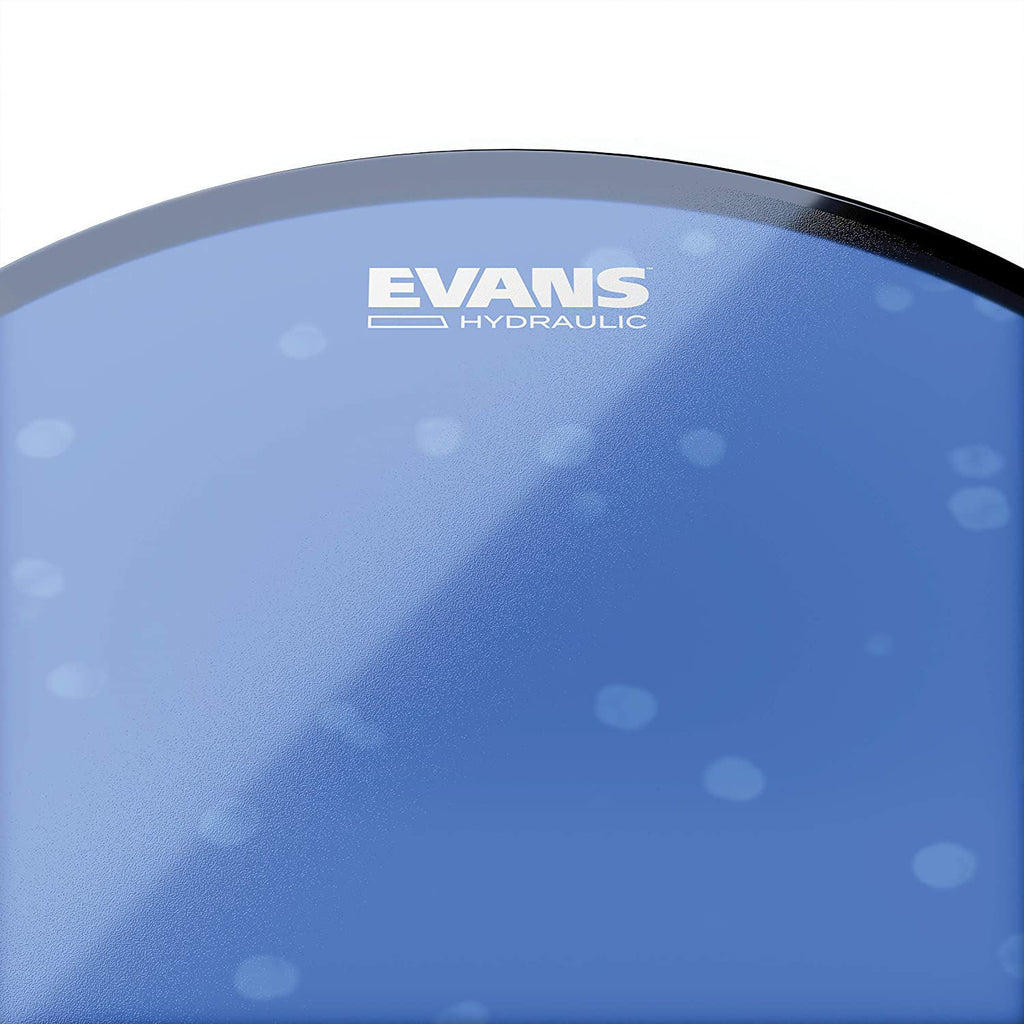Evans hydraulic blue 10-inch drum head with a smooth surface for bass drums or toms, showing the drum head on a drum.