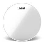 Evans 12-inch Genera G2 clear drum head shown on a drum, highlighting its smooth, transparent surface and durable construction.