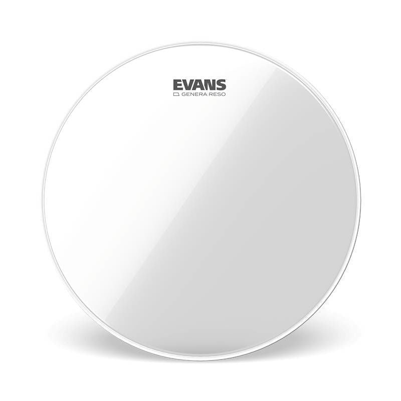Evans 12-inch Genera Resonant clear drum head, showing a close-up of the transparent drum head on a drum.