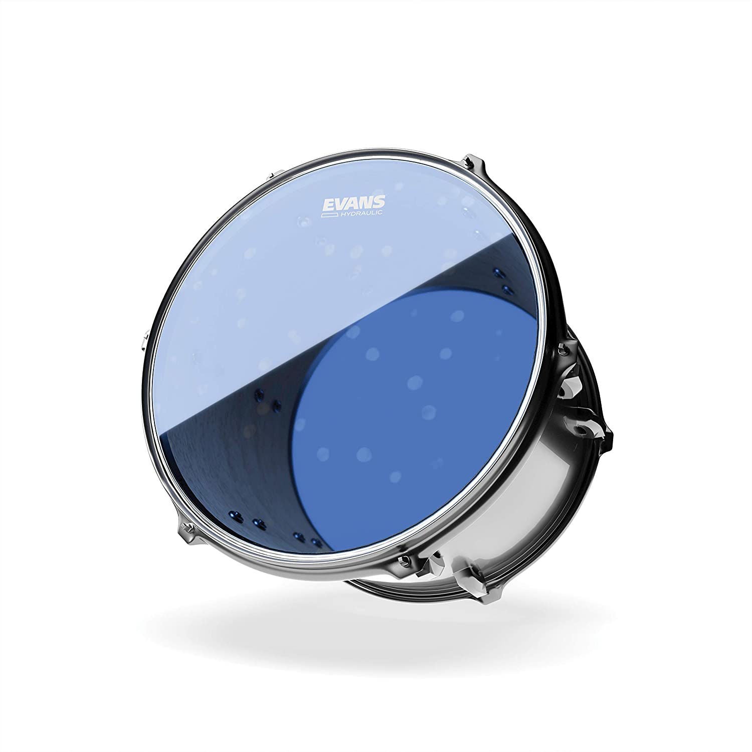 Blue 12-inch Evans hydraulic drum head for drums, showing the textured surface and branding on the Evans logo.