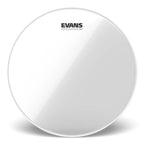 Evans 13-inch Genera G2 clear drum head mounted on a drum, showing its transparent surface and brand logo.
