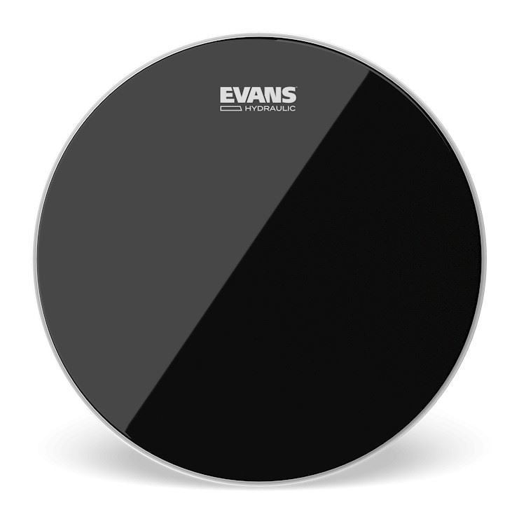 Evans hydraulic black 13-inch drum head showing a close-up of the drum head surface with branding and textured finish.