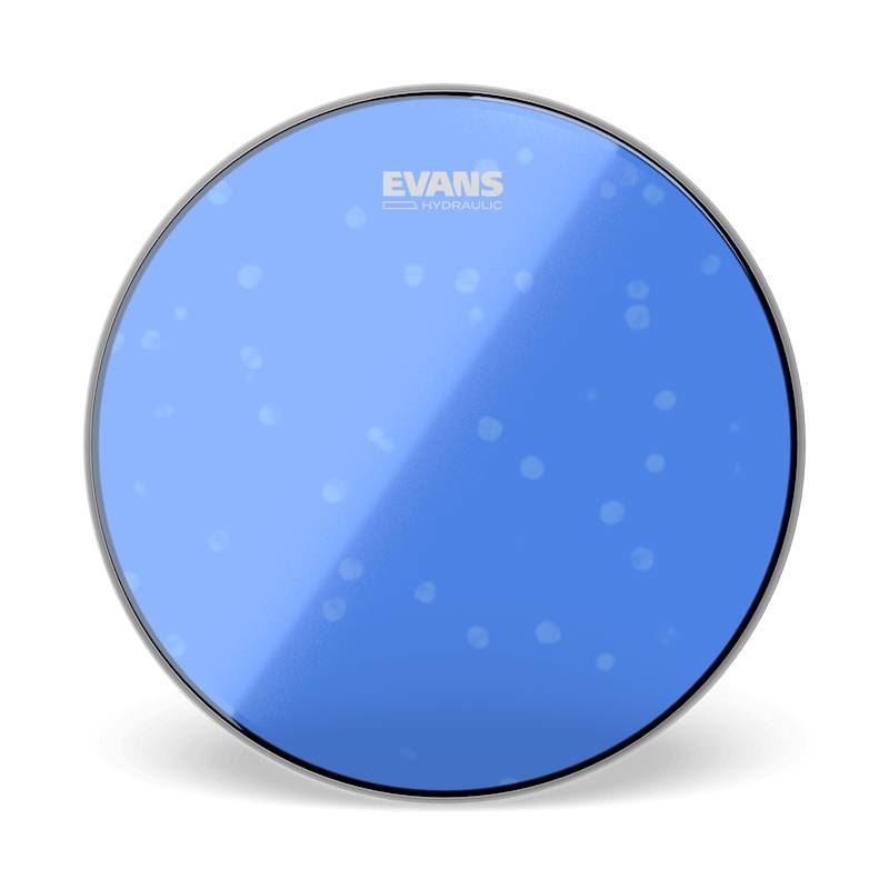 Evans hydraulic blue drum head for 13-inch drums, showing the textured surface and brand logo on a silver drum shell.
