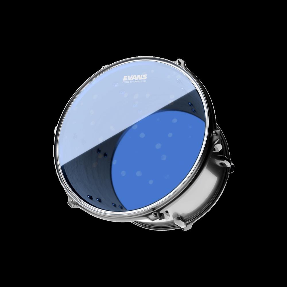 Evans hydraulic blue 13-inch drum head with a smooth surface, designed for professional drum kit performance.