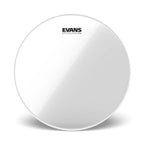 Evans G14 clear 14-inch drum head mounted on a drum, showcasing its transparent surface and brand logo.