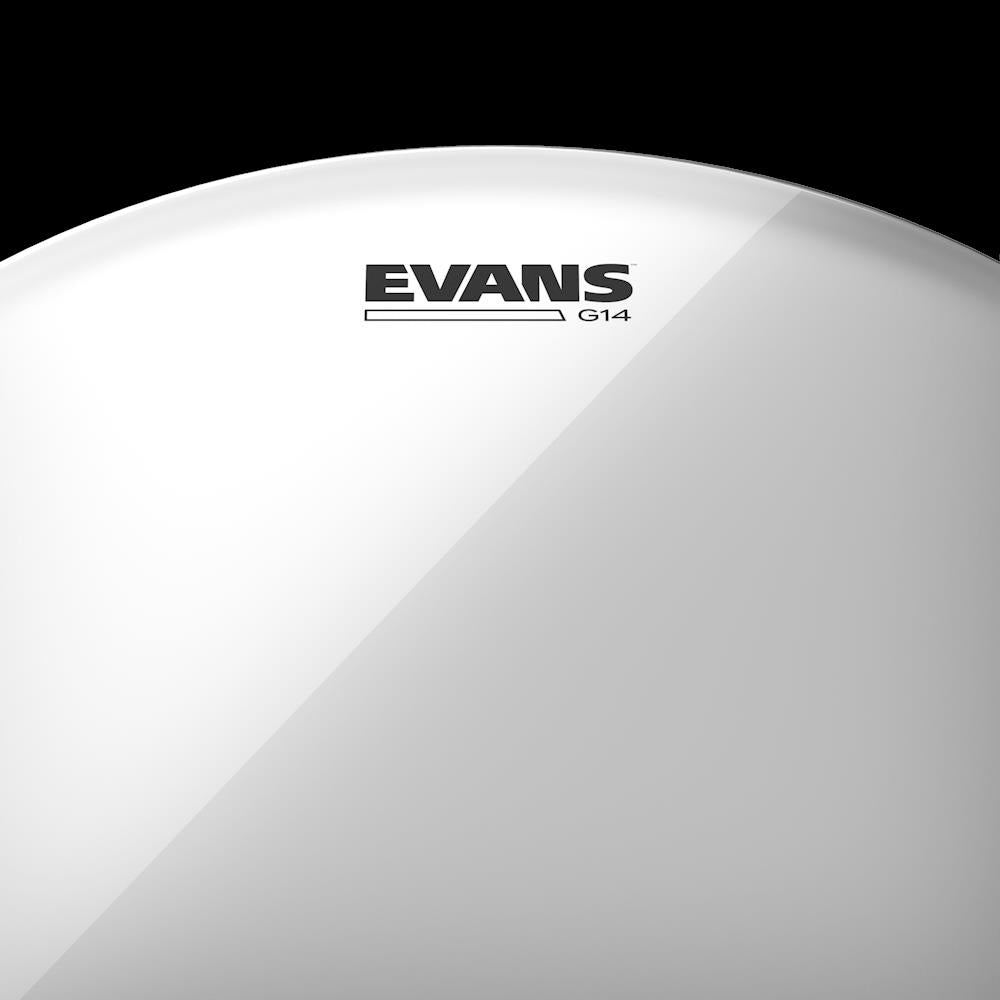 Evans G14 Clear 14-inch drum head, a high-quality drum head for drums, shown in a close-up image.