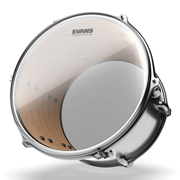 Evans 14-inch Genera G2 clear drum head mounted on a drum, showcasing its dual-ply construction and transparent design.
