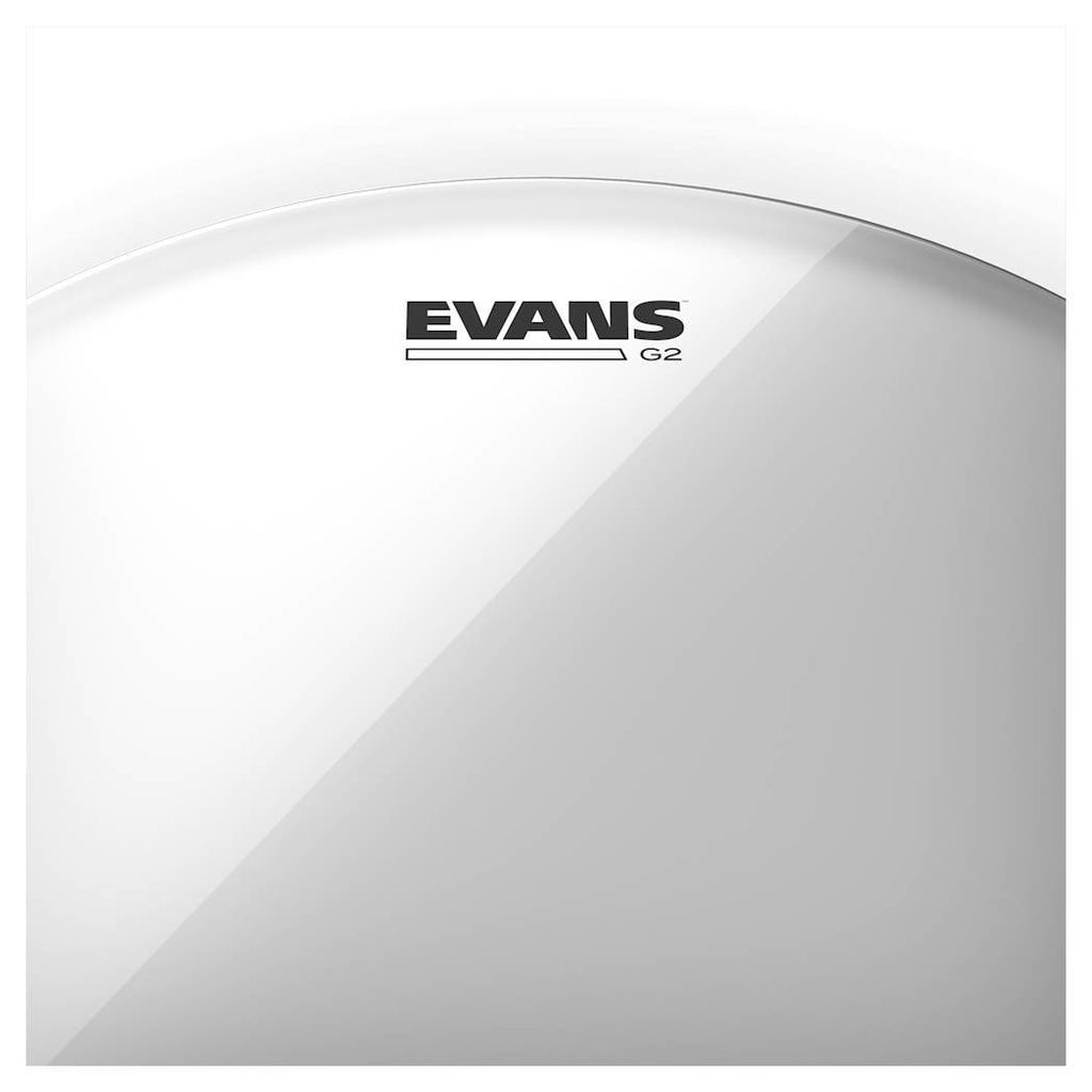 Evans 14-inch Genera G2 clear drum head showing a transparent drum head with Evans branding for drum set use.