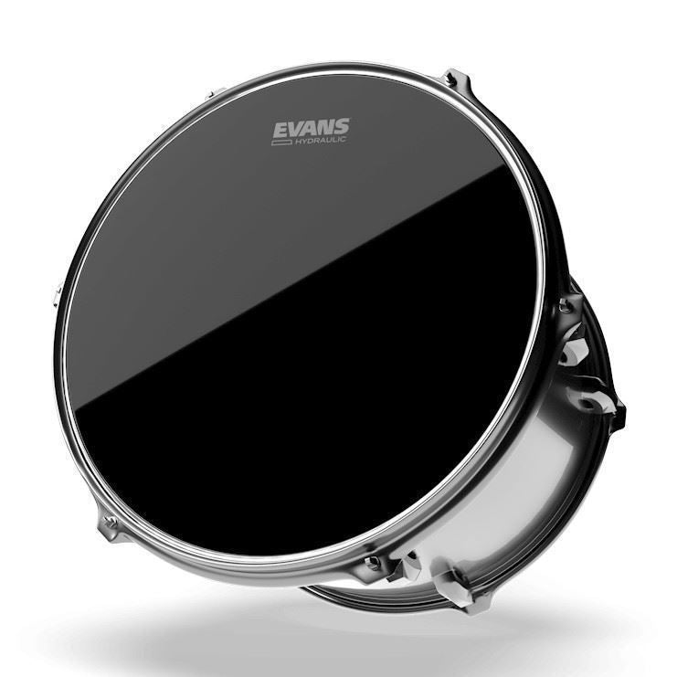 Evans 14-inch black hydraulic drum head with a smooth surface, designed for deep, warm drum sound and durability.