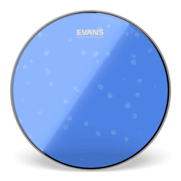 Evans Hydraulic Blue 14-inch drum head, a high-quality resonant drum head for drums, showing the blue surface and Evans branding.