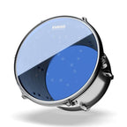Evans Hydraulic Blue 14-inch drum head for drums, showing the textured blue surface and brand logo on the drum head.