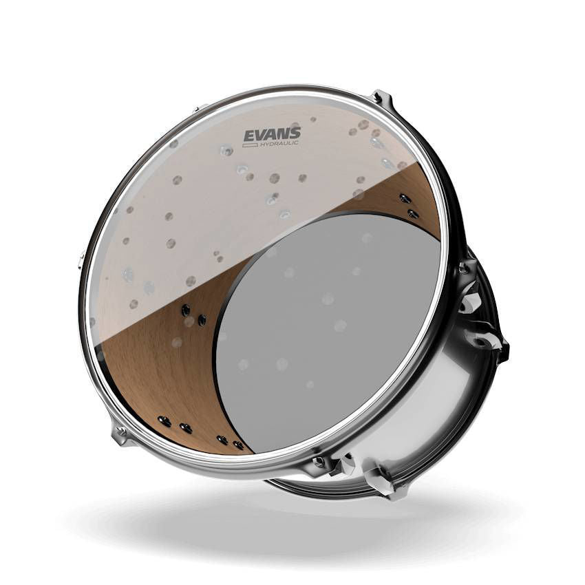 Evans 14-inch hydraulic glass clear drumhead showing a smooth, transparent surface with metal hardware around the edge.